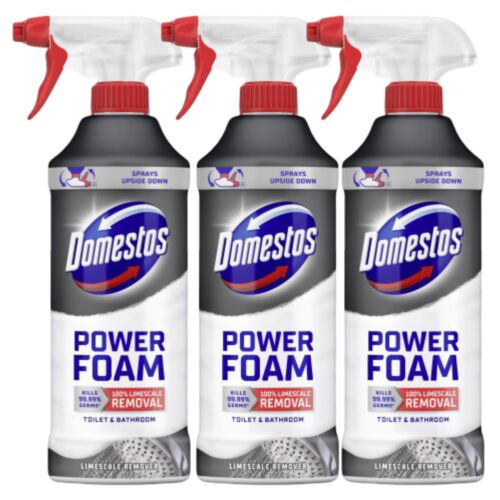 Domestos Power Foam WC és Fürdőszoba Tisztító Spray, 3 darabos kiszerelés. Elpusztítja a baktériumok 99,9%-át és eltávolítja a vízkövet.