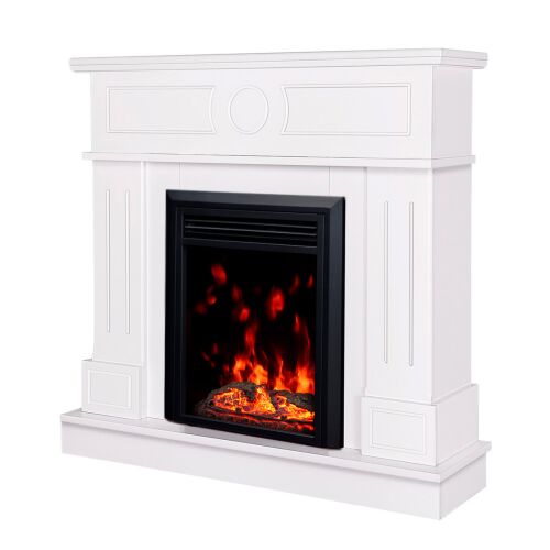 Ukośny widok kominka elektrycznego Art Flame Ambasador białego z realistycznym efektem płomienia