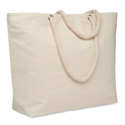 Bézs pamut strandtáska kötél fogantyúkkal és cipzárral