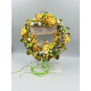 Citromsárga nyári ajtódísz, nyári virágos ajtódísz kerámia figurával - Ajtódísz