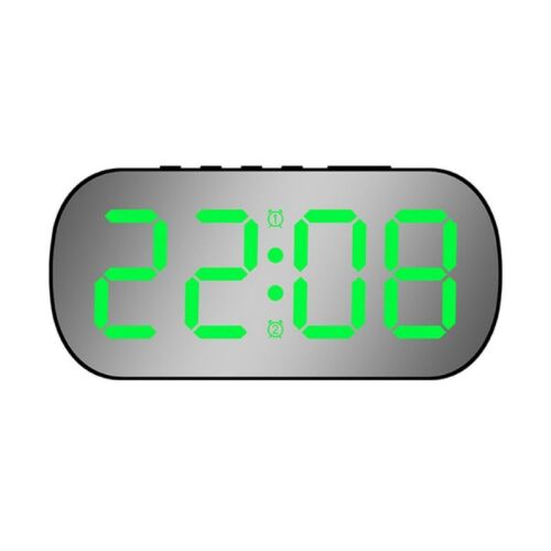 Grüne LED-Digitaluhr, Ovaler Spiegelstil, Wecker, LED-Display, 5 Helligkeitsstufen, Adapter Enthalten, Schwarz