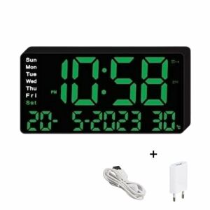 Digitale LED-Uhr mit grünem Licht, Alarm, Kalender und Temperaturanzeige, inklusive USB-Kabel und Netzteil - Innenarchitektur