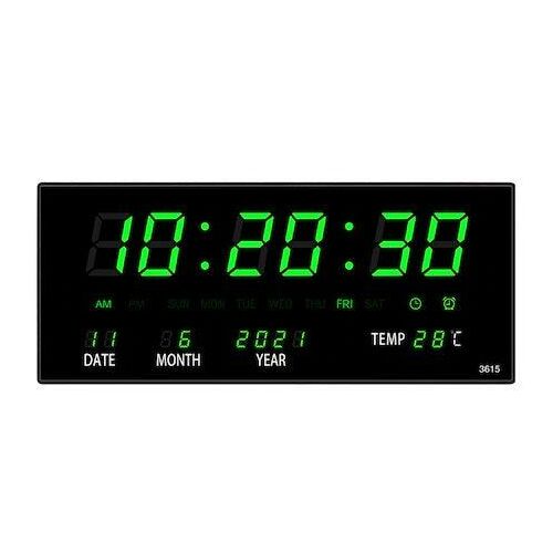 Digitale Wanduhr mit grüner LED-Anzeige für Uhrzeit, Datum und Temperatur
