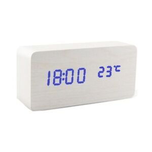 Moderner weißer digitaler Holzwecker mit blauem LED-Display - Innenarchitektur