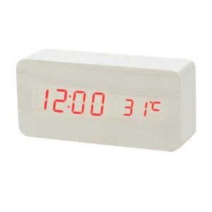 Weißer digitaler Wecker aus Holz mit roter LED-Anzeige, die Uhrzeit und Temperatur anzeigt - Innenarchitektur