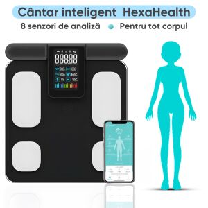 Smart Scale, HexaHealth, Professional, 28 testindex, 8 elemző érzékelő, testtömegindex kalkulátor, felhasználói fejlődési jelentés, korlátlan számú felhasználó, IOS/Android integráció, fekete 135536569 - Testelemző készülék