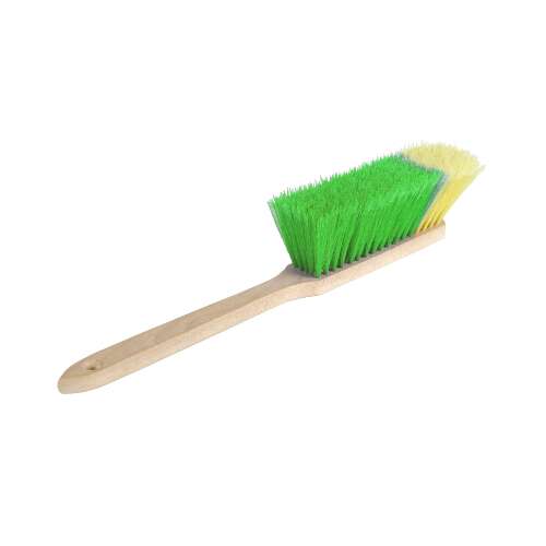 Car wash brush with long wooden handle, green and yellow bristles