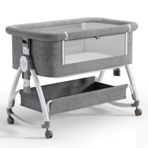 Összecsukható kiságy, 6 állítható pozíció, dönthető, zárrendszer, rovarháló, tárolókosár, kerekek fékekkel, szürke 135558393 - Bútor