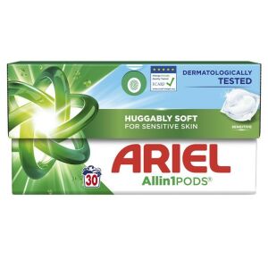 Ariel All In 1 Sensitive capsule de rufe, 30 bucăți, pentru piele sensibilă - Gel de spălare, Clătiți și Capsulă de spălare