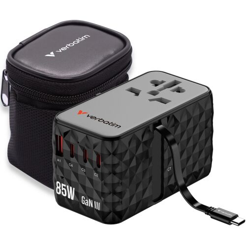 Универсален адаптер за пътуване Verbatim 85W GaN III с USB-C кабел и калъф за пътуване