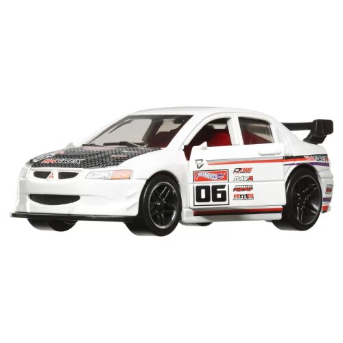 Hot Wheels Lancer Evolution IX fém autómodell, fehér verseny matricákkal