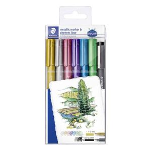 Dekormarker, 1-2 mm, kúpos, STAEDTLER "8323", 6 különböző metál szín, ajándék fekete tusfilccel 135581499 - Lakkmarker