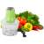 Electric food chopper, green, with transparent container and stainless steel blades, chopping vegetables