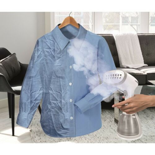 Jocca 5926 handheld garment steamer in use, removing wrinkles from a shirt