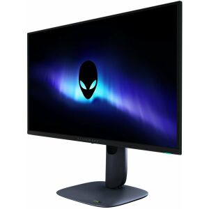 Schräge Ansicht des Alienware AW2725Q 27-Zoll 4K QD-OLED Gaming Monitors mit Alienware-Logo - Dell Monitore