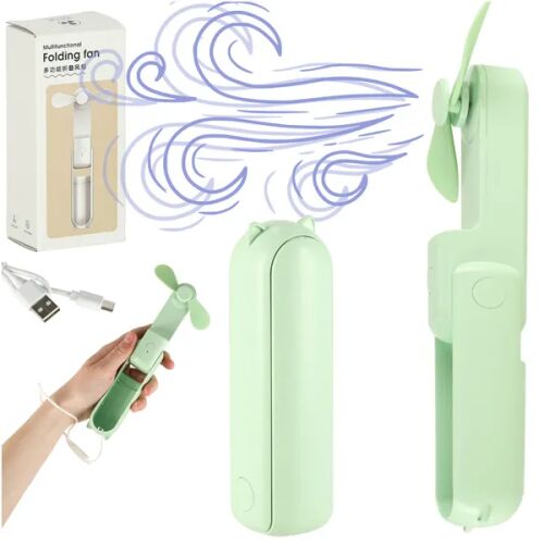 Collage of green mini USB fan, packaging, and hand holding fan