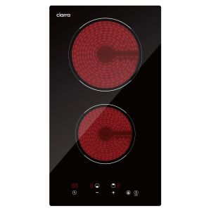 Ciarra beépíthető elektromos kerámia főzőlap, 29 cm, 2 égőfej, 9 teljesítményszint, gyors melegítés, alacsony fogyasztás, érintőképernyő, kerámia üveg anyag, automatikus kikapcsolás, könnyen