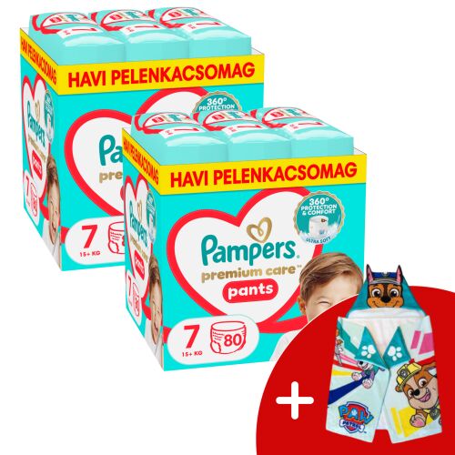 Pampers Premium Care Pants 2 Miesięczny Zestaw Pieluch 17kg+ Junior 7 (160szt) + Ręcznik PAW Patrol w prezencie 145329355