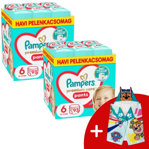 Pampers Premium Care Pants Размер 6 (15 кг+) Пакет пелени 186 броя с безплатна хавлиена кърпа с качулка PAW Patrol