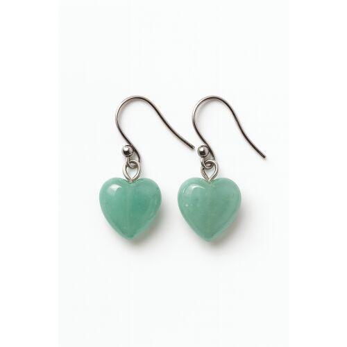 Cercei cu pandantiv din aventurin verde natural, în formă de inimă, handmade în România