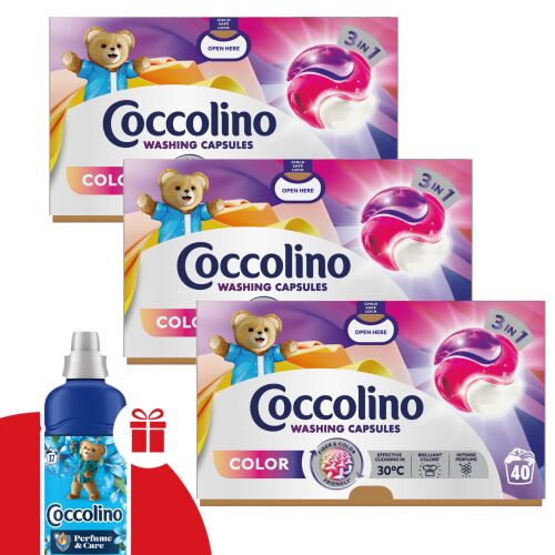 Capsule de spălat Coccolino Color 3in1 3x40 spălări cu balsam de rufe Coccolino Passion Flower & Bergamot gratuit