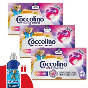 Капсули за пране Coccolino Color 3in1 3x40 пранета с безплатен омекотител Coccolino Passion Flower & Bergamot - Детергент