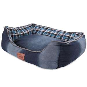 Pat de câine din denim albastru cu căptușeală în carouri, pernă detașabilă, 72cm x 56cm x 20cm - Paturi pentru câini
