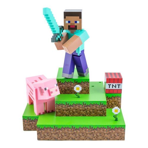 Minecraft Steve Dioráma Figura Lámpa, Steve-et, malacot és TNT kockát ábrázolva - Paladone