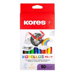 Filctoll készlet, 1-3 mm, kimosható, KORES "Korellos 2in1", 10 különböző szín 135698840 - Filctoll