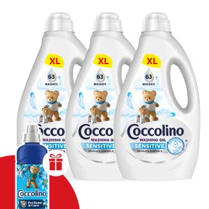 Coccolino Sensitive folyékony Mosógél 3x2,52L - 189 mosás + Ajándék Coccolino Passion Flower & Bergamot Öblítő