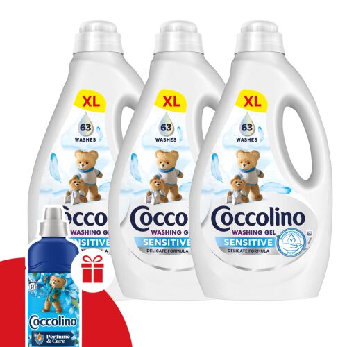 Coccolino Sensitive folyékony Mosógél 3x2,52L - 189 mosás + Ajándék Coccolino Passion Flower & Bergamot Öblítő