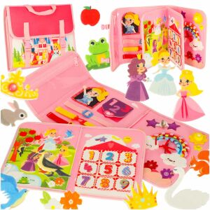 Kollázs a rózsaszín filc matató könyvről különböző tevékenységi oldalakkal és darabokkal - Fejlesztő játék babáknak