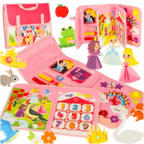 Kollázs a rózsaszín filc matató könyvről különböző tevékenységi oldalakkal és darabokkal