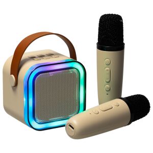 Bézs mini Bluetooth karaoke szett hangszóróval és két mikrofonnal - Audio
