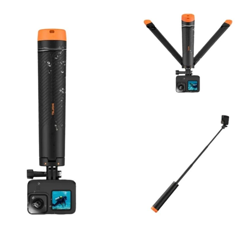 Селфи стик с дръжка за употреба във вода, TELESIN S1-TSS-02, многофункционален, съвместим с GoPro Hero 13, 12, 11, 10, 9, 8, DJI Osmo Action 5 Pro, 4, 3, Insta360 Ace Pro 2