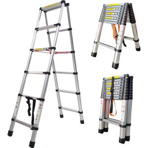 Pepita 6x6 Telescopic Aluminum Ladder, extended and folded views - Construction & Renovation