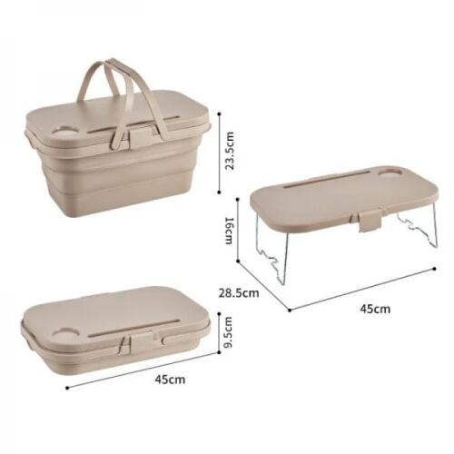 Правоъгълен сгъваем леген, 2 в 1 с маса за пикник, вместимост 8 л, размери 45 х 28,5 х 23,5/9,5 см, бежов 141554002