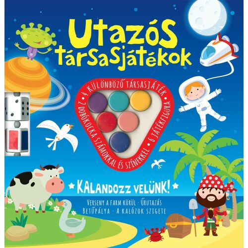Utazós társasjátékok borító. Utazó társasjátékok gyerekeknek, farm, űr és kalóz témákkal. - Társasjáték