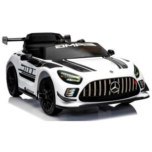 Szögletes nézet a fehér Mercedes GT3 Evo elektromos kisautóról gyerekeknek - R-Sport