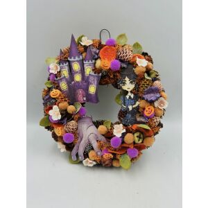 Wednesday Addams témájú ajtódísz kastéllyal, kézzel és karakterfigurával - Ajtódísz