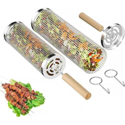 Sada 2 valcových grilovacích košov s drevenou rukoväťou, podperou, 2 vidličkami, odolné voči veľmi vysokým teplotám, valec 1 dĺžka 30 cm a priemer 10 cm, valec 2 dĺžka 29 cm a priemer 9 cm AB