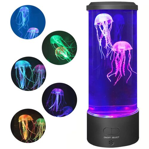 JellyFish éjszakai fény LED RGB NEXTLY LED-es környezeti világítással, 7 színnel, 2 úszó medúzával, csendes, USB vagy akkumulátorral működtethető.