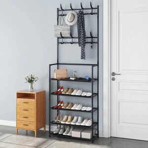 Fekete ruhatartó állvány cipőtartóval - 170cm, 5 polcos