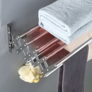 Suport pliabil pentru prosoape, din inox, cu 7 bare, 5 carlige, dimensiuni 12-35.5 cm x 58 cm x 14.5 cm, fixare pe perete, argintiu 141590089 - Depozitare și organizare
