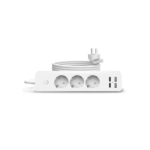 Prelungitor cu 3 prize, 2 porturi USB si 2 Type-C, lungime 2m, putere maxima 2500W, protectie ignifuga, buton ON/OFF, alb