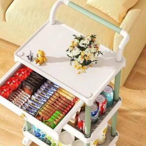 Raft portabil, cu 3 nivele si 1 sertar, maner de transport, dimensiuni 36.5 (L) x 28 (l) x 74.5 (H) cm, din plastic, cu 4 roti, alb/verde 141589739 - Depozitare și organizare