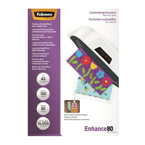 Fellowes Enhance80 A3 lamináló fólia, 80 mikron, fényes, öntapadó, 100 darab - Fellowes