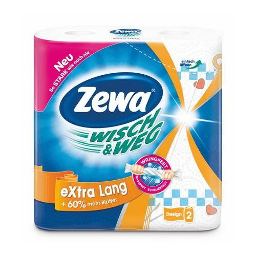 Háztartási papírtörlő, 2 rétegű, 2 tekercses, ZEWA "Wisch&amp;Weg extra lang"