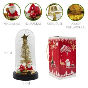 Glob de zăpadă Karácsonyi arany világító fenyőfa búrában cu Moș Crăciun, ciuperci, clopoțel și stele aurii, cu ambalaj și dimensiuni. - Decorațiuni de Crăciun