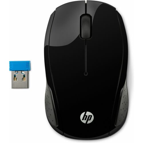 Felülnézet a HP 200 fekete vezeték nélküli egérről USB vevővel - HP